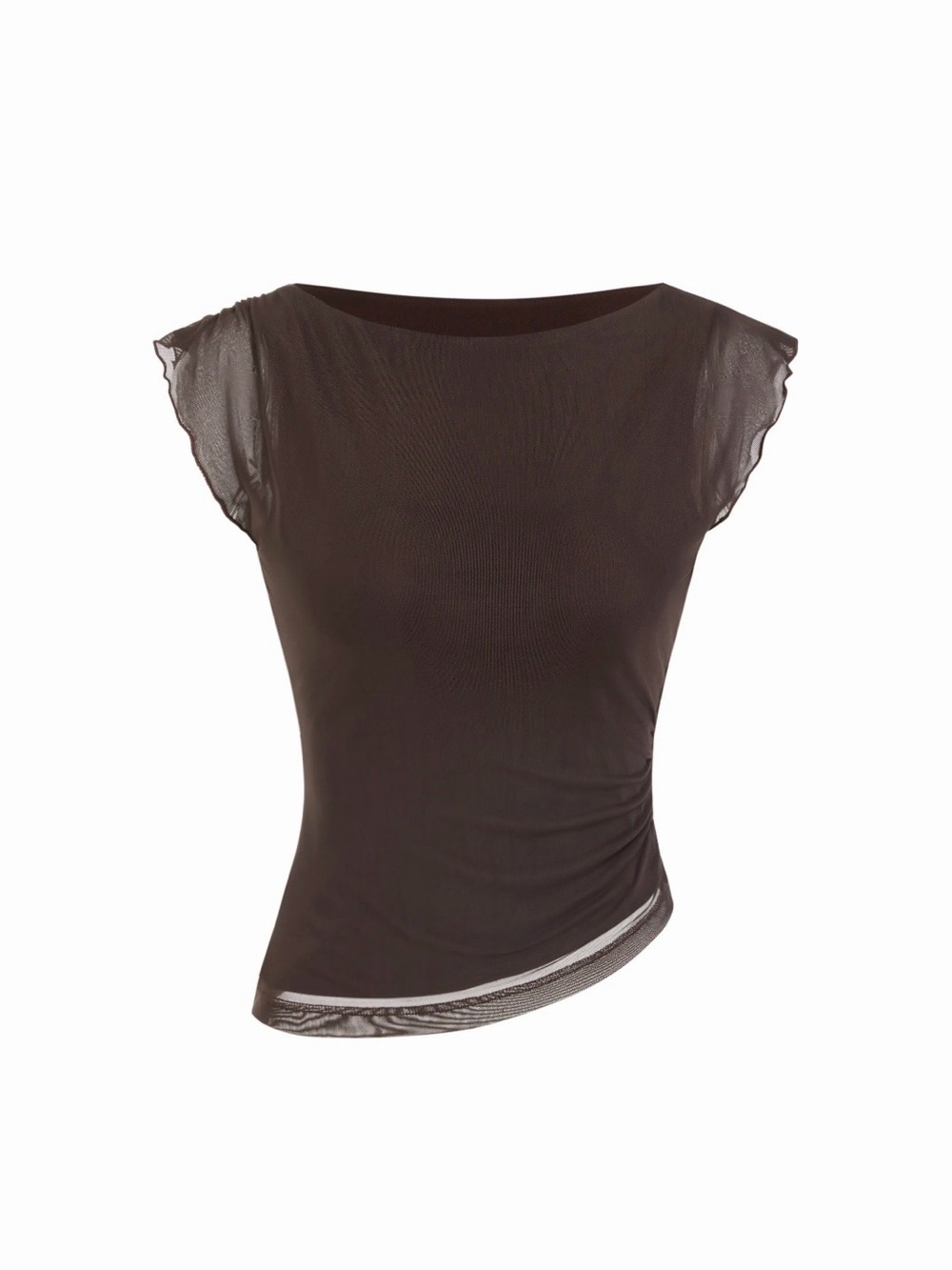 Cider Mesh Boat Neck Lettuce Trim Ruched Top
